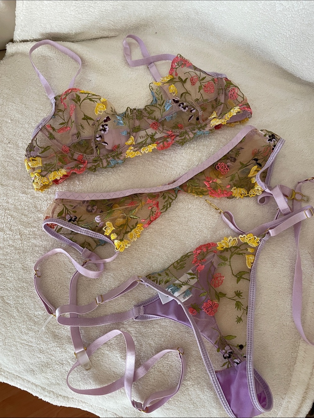 Hello.LA.Girl Lavender Sheer Floral Fantasy Bloom Embroidery Lingerie 3 pcs Set